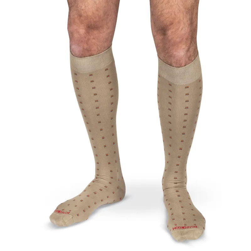 Colorful Square Knots on Khaki Cotton Over the Calf Dress Socks sold by Boardroom Socks