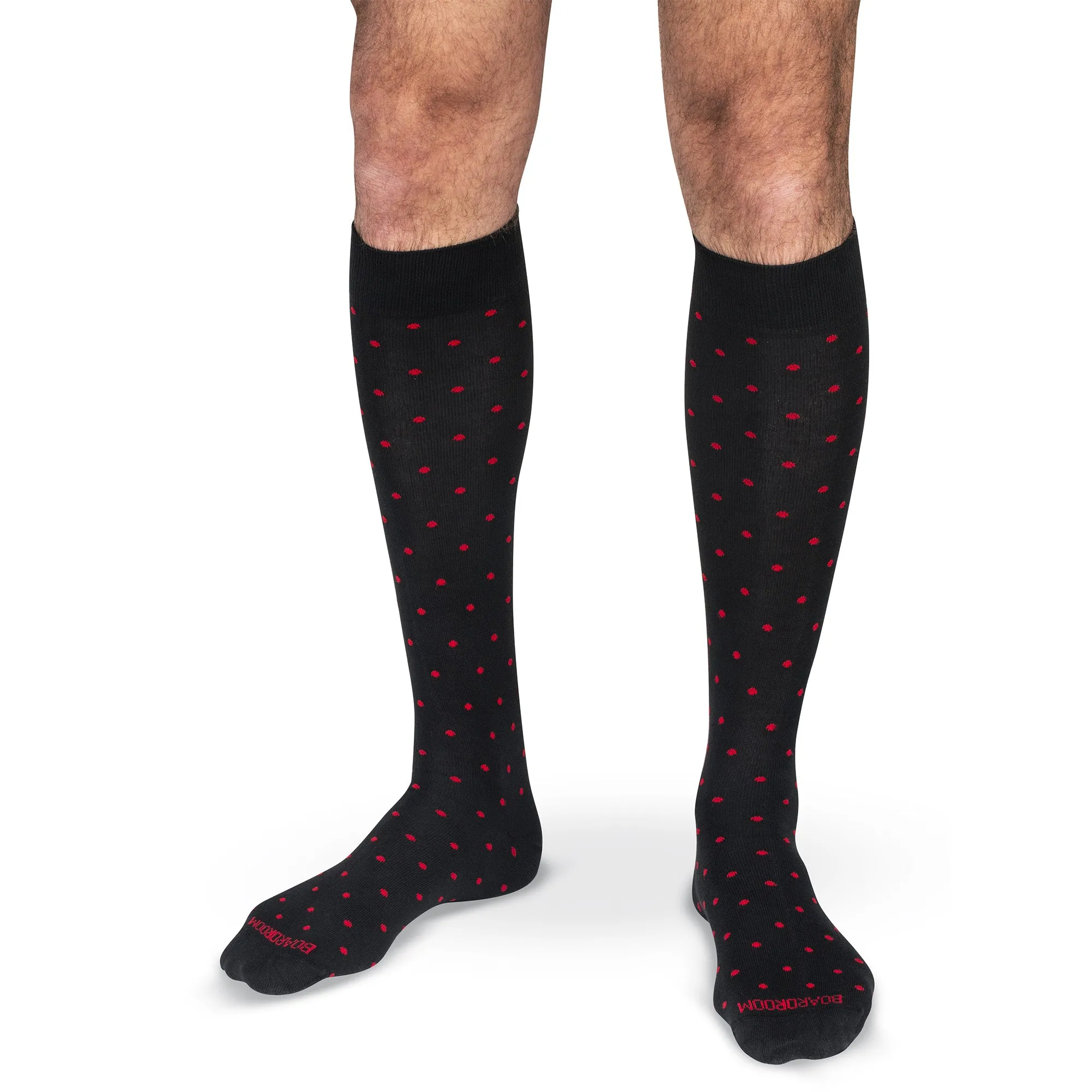 Red Dots on Black Cotton Over the Calf Dress Socks sold by Boardroom Socks
