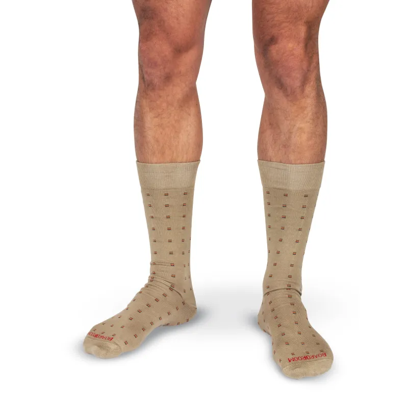 Colorful Square Knots on Khaki Cotton Mid Calf Dress Socks sold by Boardroom Socks