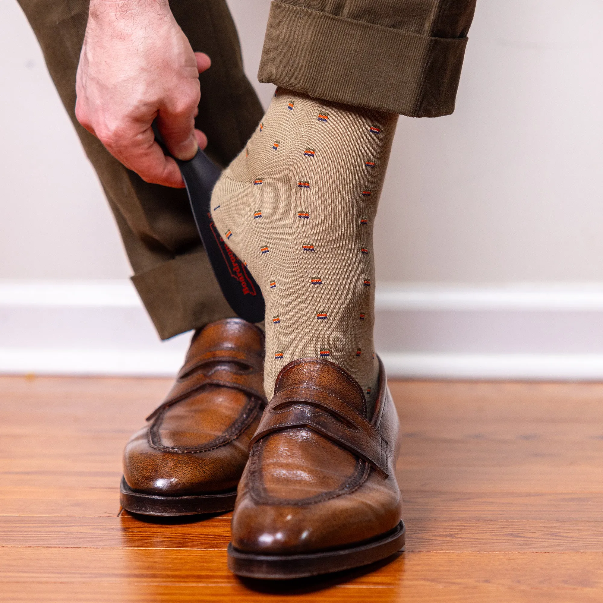 Colorful Square Knots on Khaki Cotton Mid Calf Dress Socks sold by Boardroom Socks product image thumbnail 2