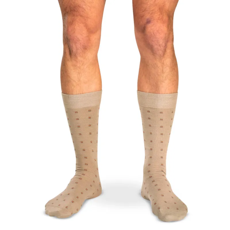Colorful Square Knots on Khaki Merino Wool Mid-Calf Dress Socks sold by Boardroom Socks
