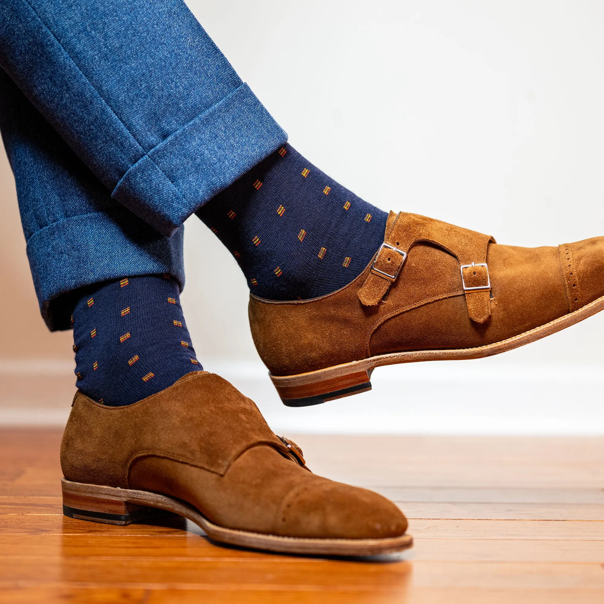 Orange Square Knots on Navy Merino Wool Mid Calf Dress Socks sold by Boardroom Socks product image thumbnail 2