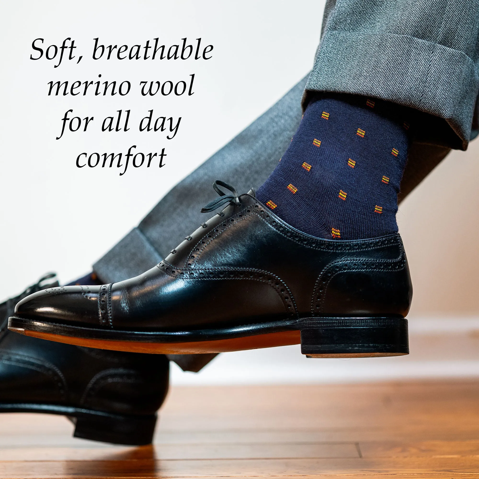 Orange Square Knots on Navy Merino Wool Mid Calf Dress Socks sold by Boardroom Socks product image thumbnail 4