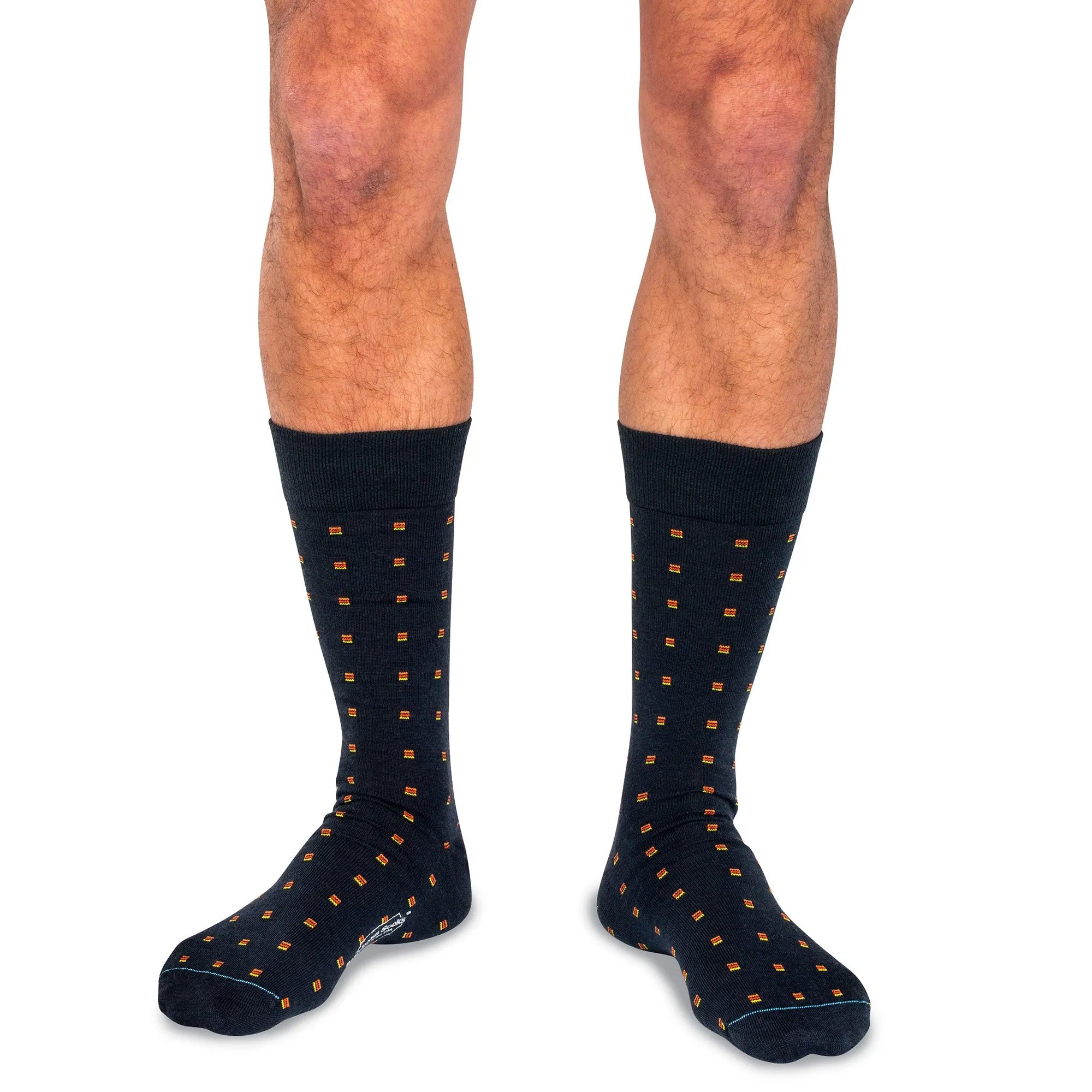 Orange Square Knots on Navy Merino Wool Mid Calf Dress Socks sold by Boardroom Socks