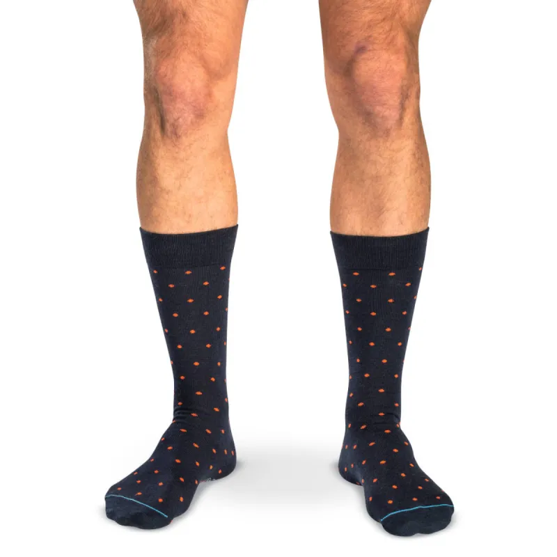 Orange Dots on Navy Merino Wool Mid Calf Dress Socks sold by Boardroom Socks