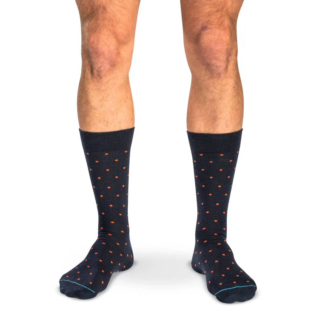Orange Dots on Navy Merino Wool Mid Calf Dress Socks sold by Boardroom Socks