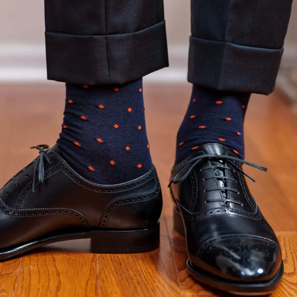 Orange Dots on Navy Merino Wool Mid Calf Dress Socks sold by Boardroom Socks product image thumbnail 2