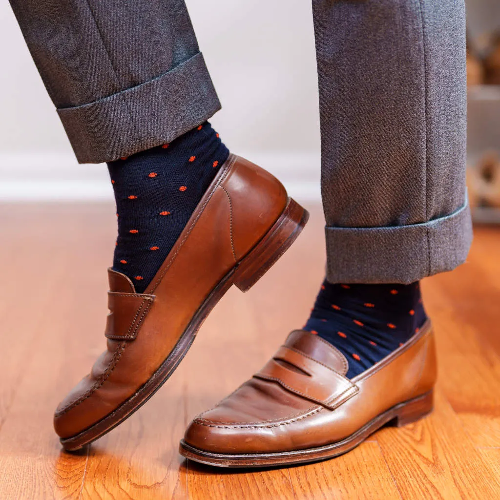 Orange Dots on Navy Merino Wool Mid Calf Dress Socks sold by Boardroom Socks product image thumbnail 4