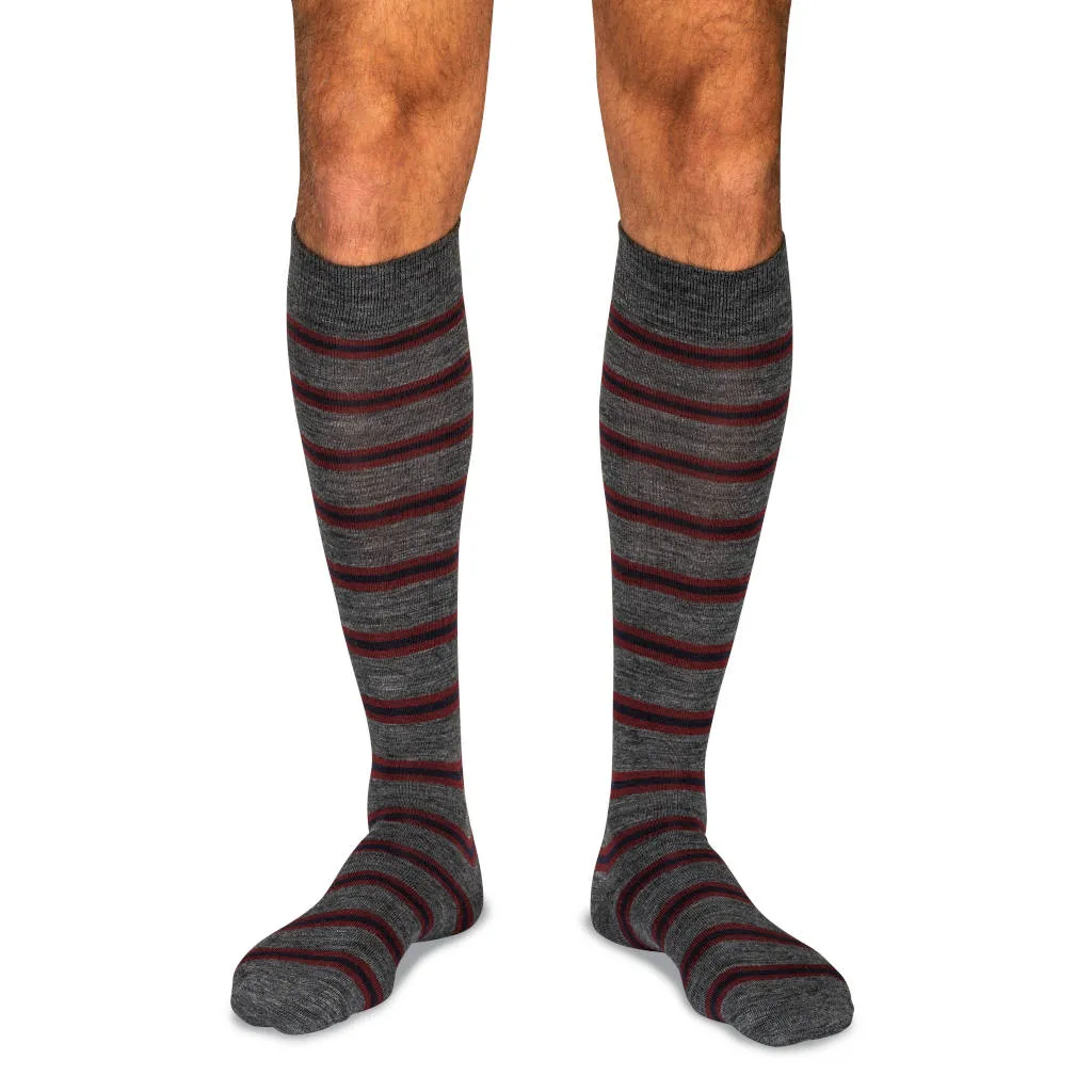 Burgundy and Navy Stripes on Grey Merino Wool Over the Calf Dress Socks sold by Boardroom Socks