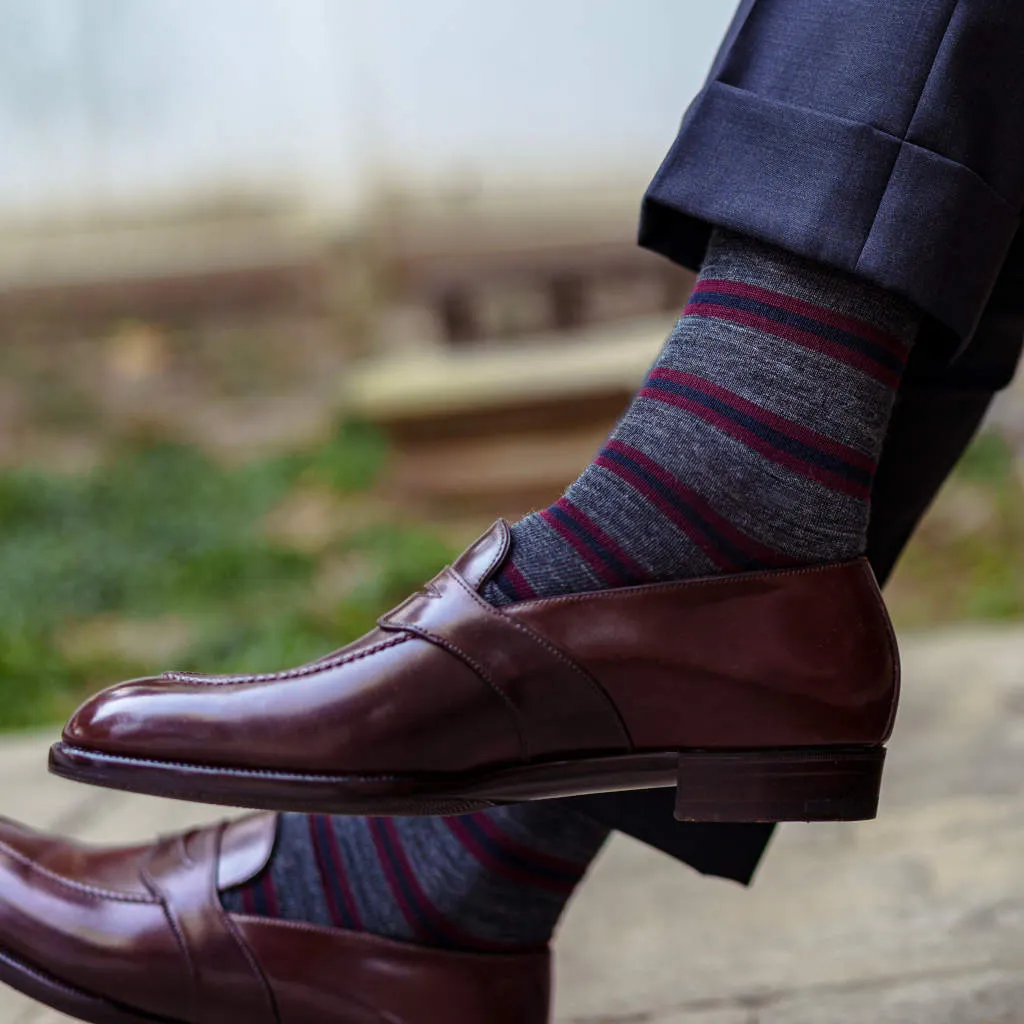 Burgundy and Navy Stripes on Grey Merino Wool Over the Calf Dress Socks sold by Boardroom Socks product image thumbnail 5