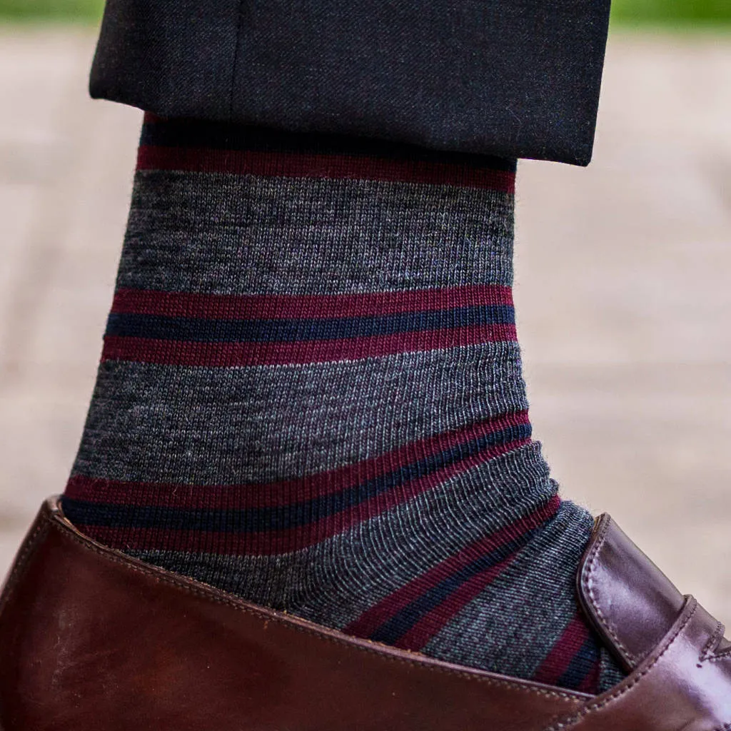 Burgundy and Navy Stripes on Grey Merino Wool Over the Calf Dress Socks sold by Boardroom Socks product image thumbnail 3