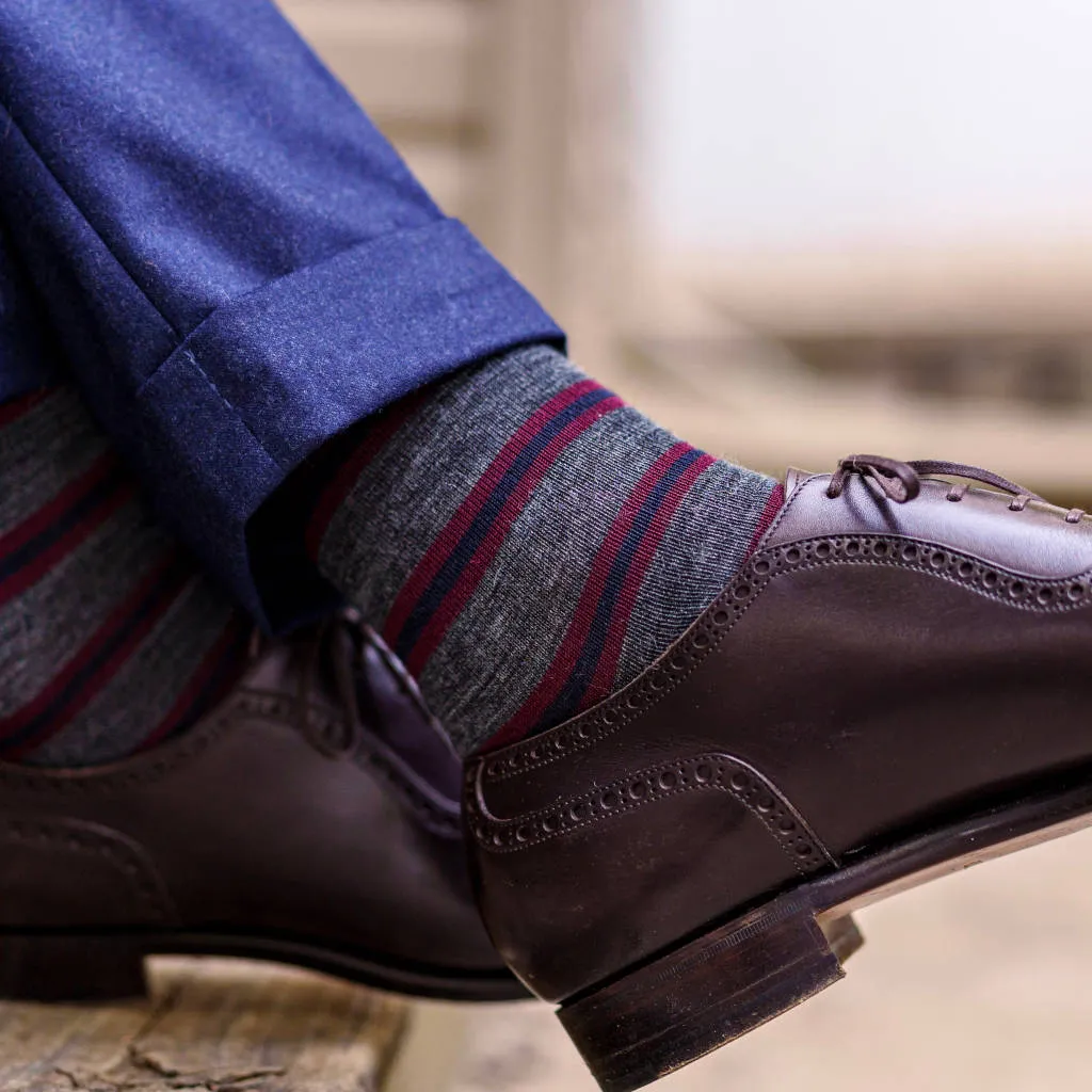 Burgundy and Navy Stripes on Grey Merino Wool Over the Calf Dress Socks sold by Boardroom Socks product image thumbnail 4