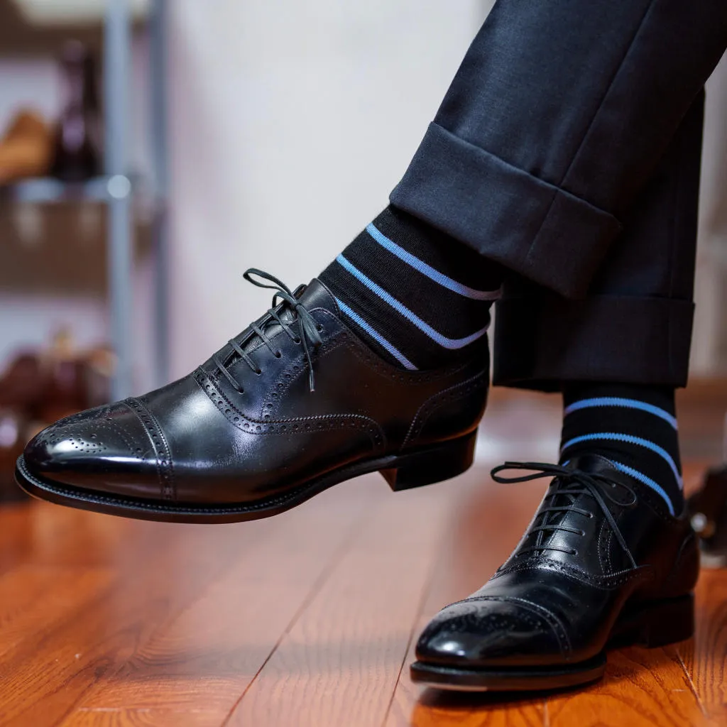 Sky Blue and Black Striped Merino Wool Over the Calf Dress Socks sold by Boardroom Socks product image thumbnail 2