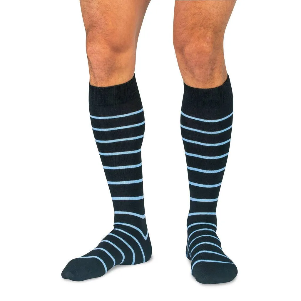 Sky Blue and Black Striped Merino Wool Over the Calf Dress Socks sold by Boardroom Socks
