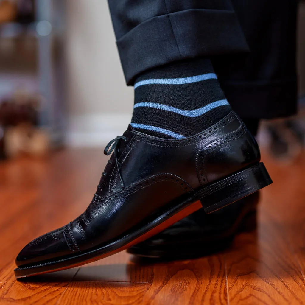 Sky Blue and Black Striped Merino Wool Over the Calf Dress Socks sold by Boardroom Socks product image thumbnail 5