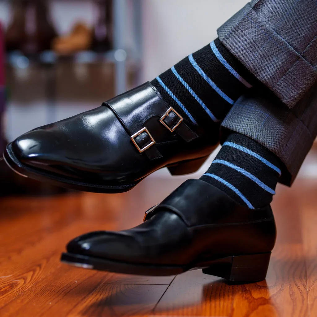 Sky Blue and Black Striped Merino Wool Over the Calf Dress Socks sold by Boardroom Socks product image thumbnail 3