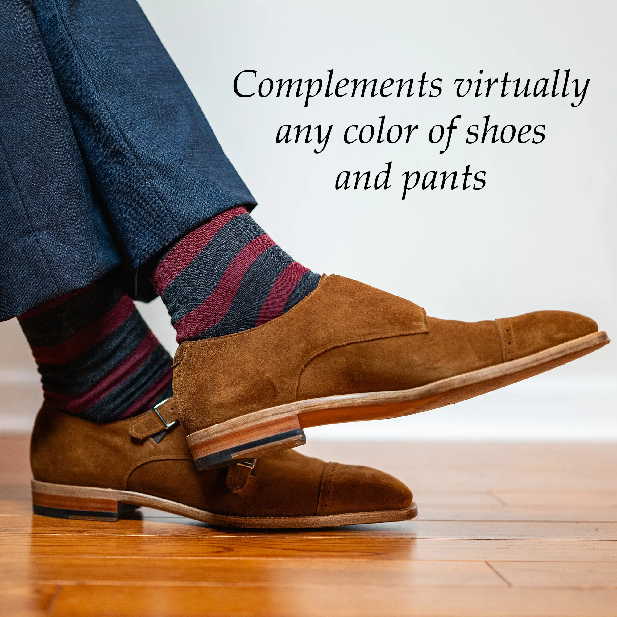 Burgundy Stripes on Charcoal Merino Wool Mid Calf sold by Boardroom Socks product image thumbnail 5