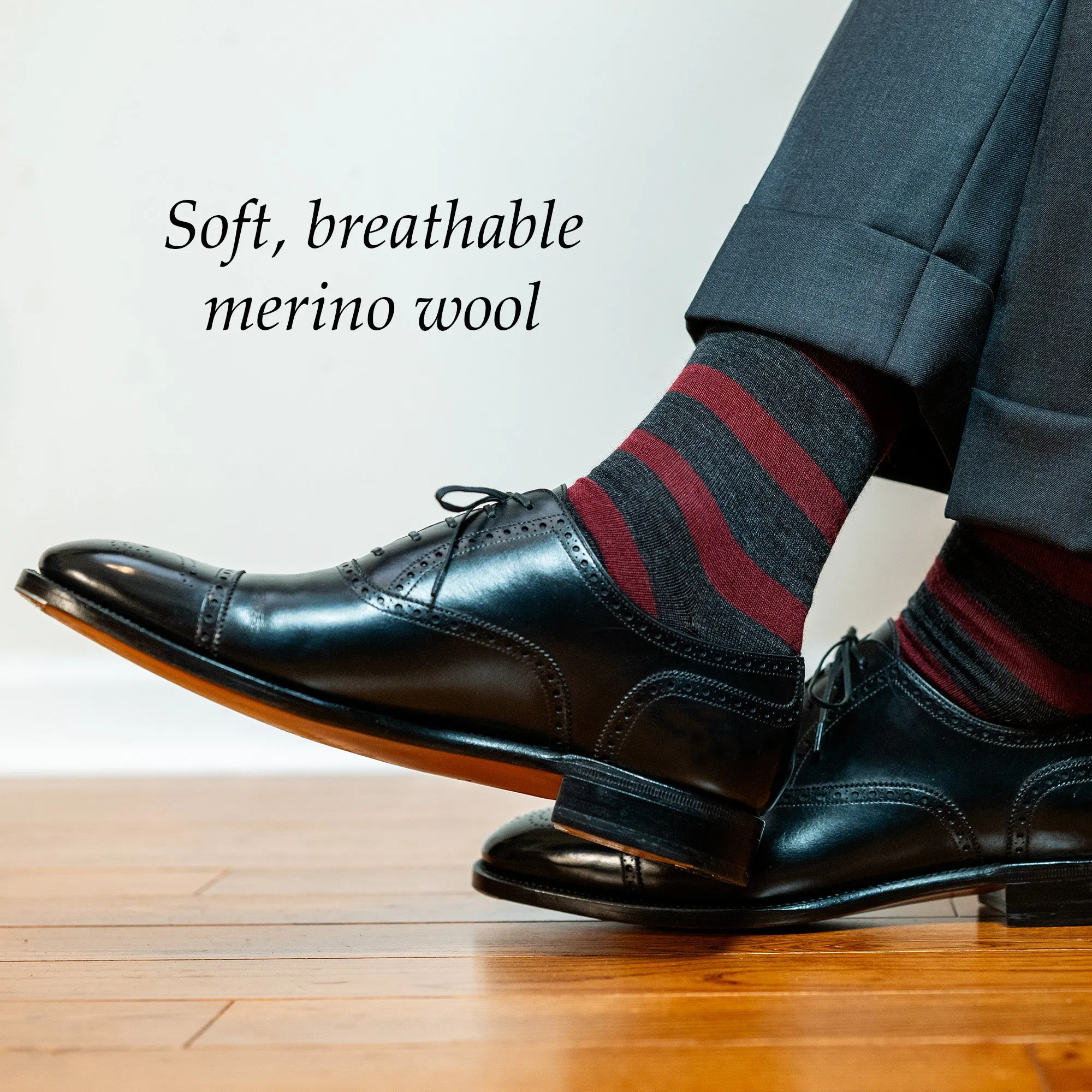 Burgundy Stripes on Charcoal Merino Wool Mid Calf sold by Boardroom Socks product image thumbnail 4