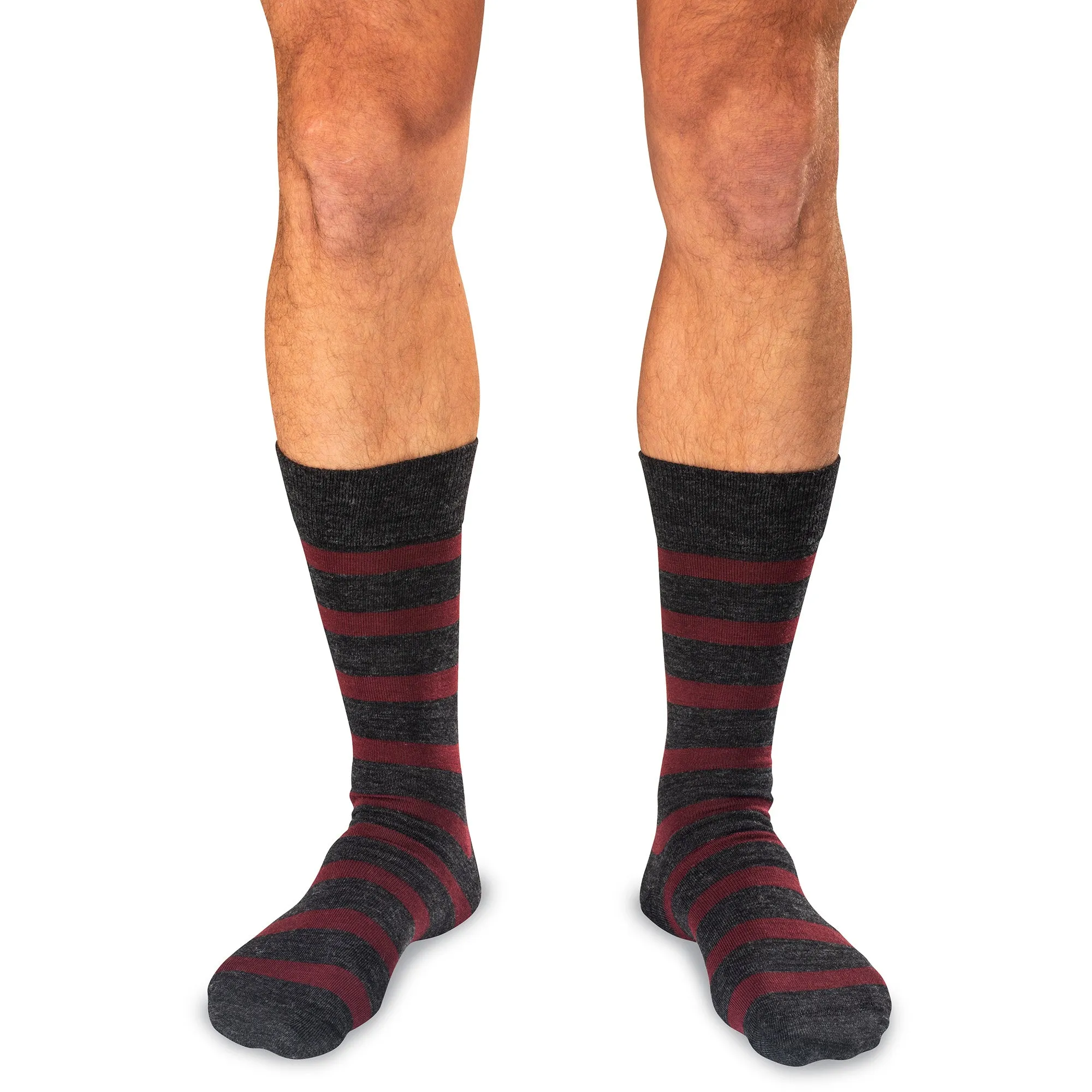 Burgundy Stripes on Charcoal Merino Wool Mid Calf sold by Boardroom Socks