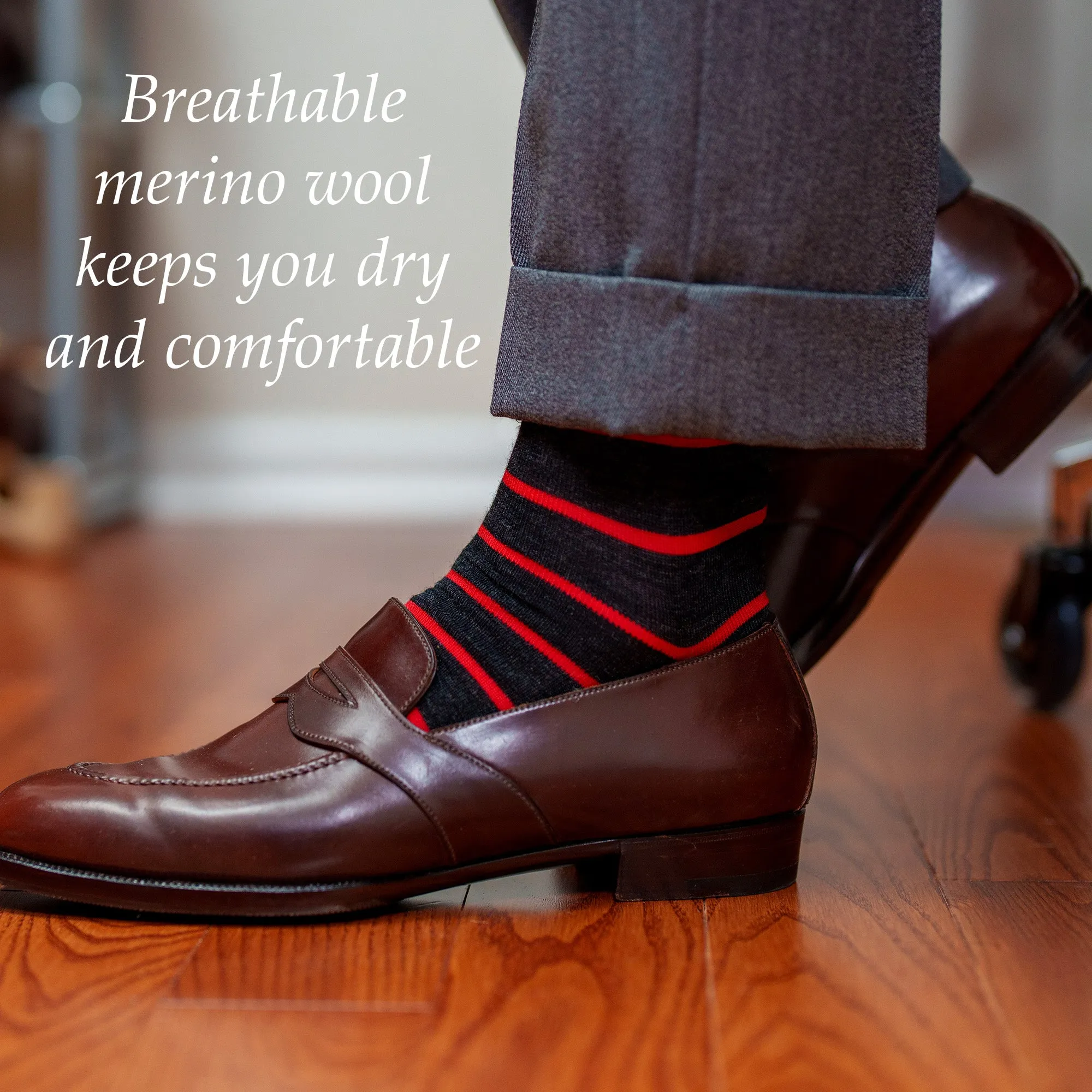 Red and Charcoal Striped Merino Wool Over the Calf Dress Socks sold by Boardroom Socks product image thumbnail 4