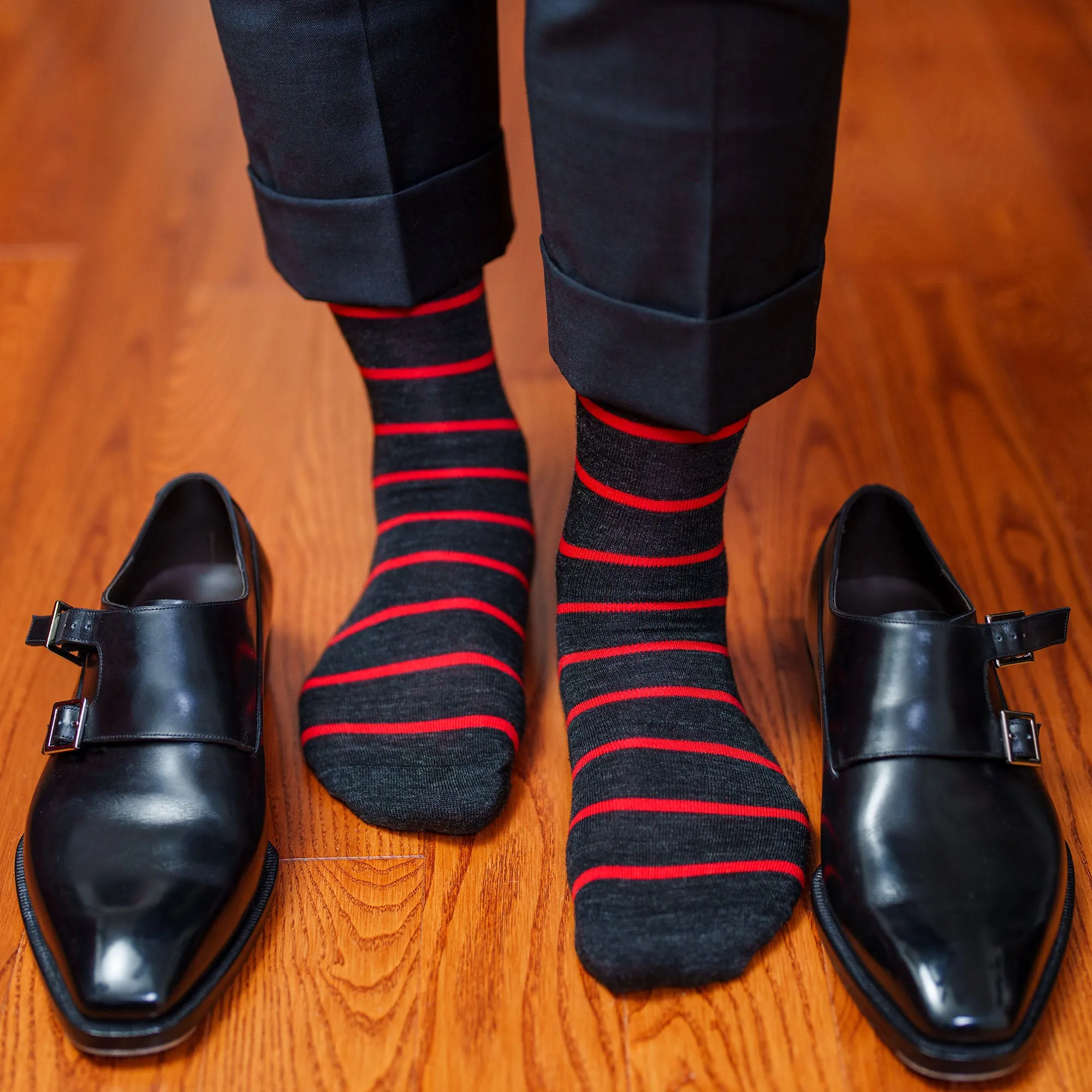 Red and Charcoal Striped Merino Wool Over the Calf Dress Socks sold by Boardroom Socks product image thumbnail 2