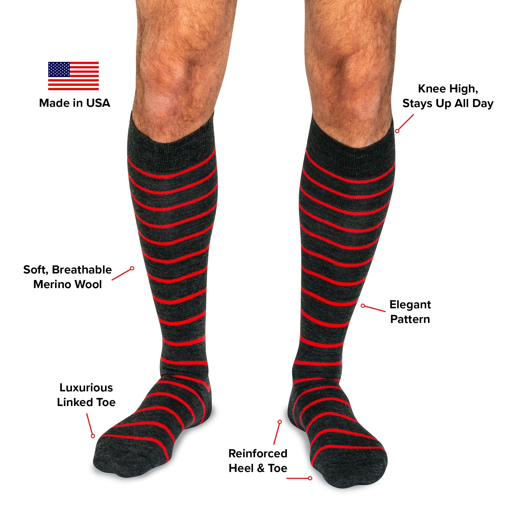 Red and Charcoal Striped Merino Wool Over the Calf Dress Socks sold by Boardroom Socks product image thumbnail 3