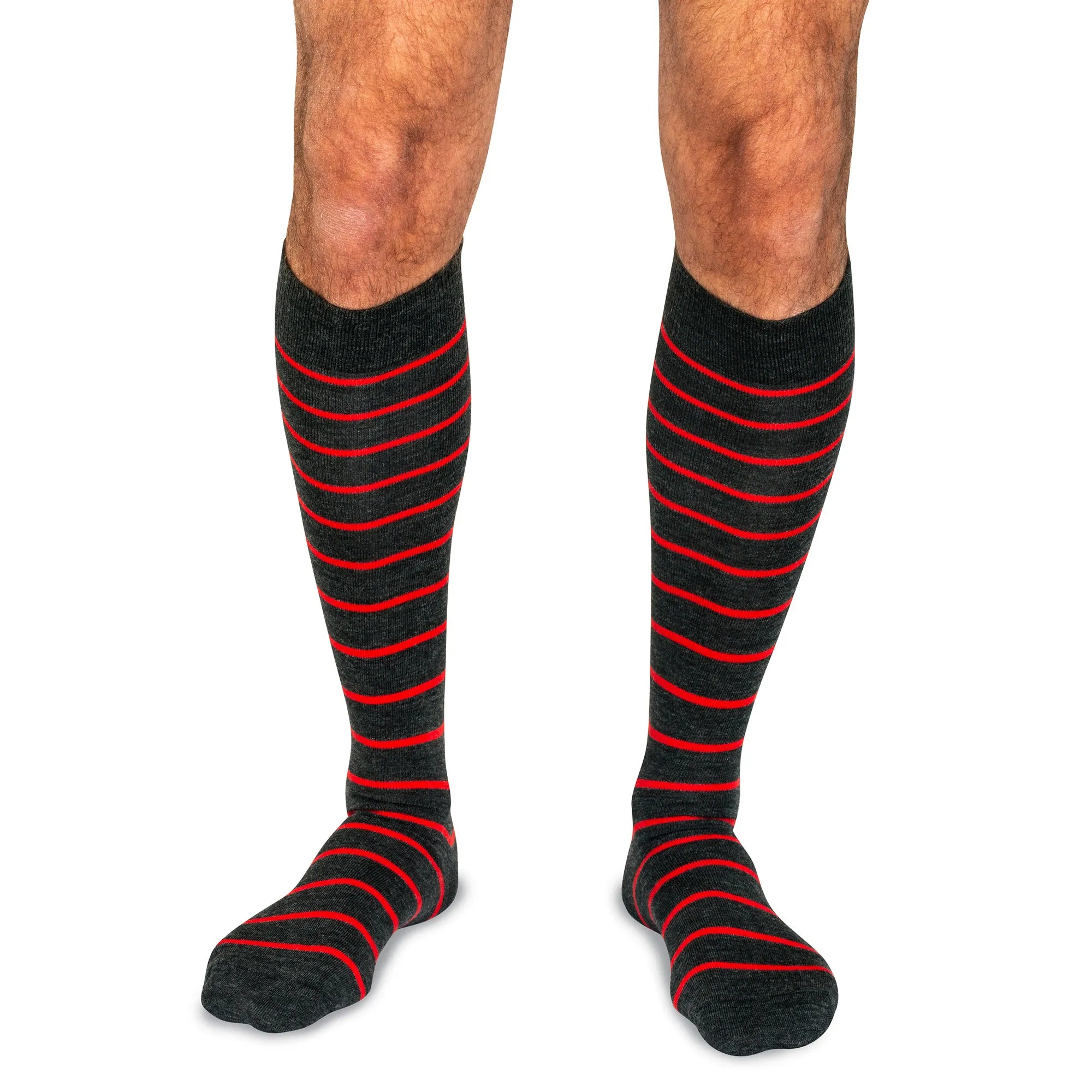 Red and Charcoal Striped Merino Wool Over the Calf Dress Socks sold by Boardroom Socks