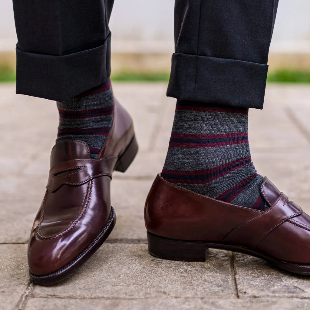 Burgundy and Navy Stripes on Grey Merino Wool Mid-Calf Dress Socks sold by Boardroom Socks product image thumbnail 5