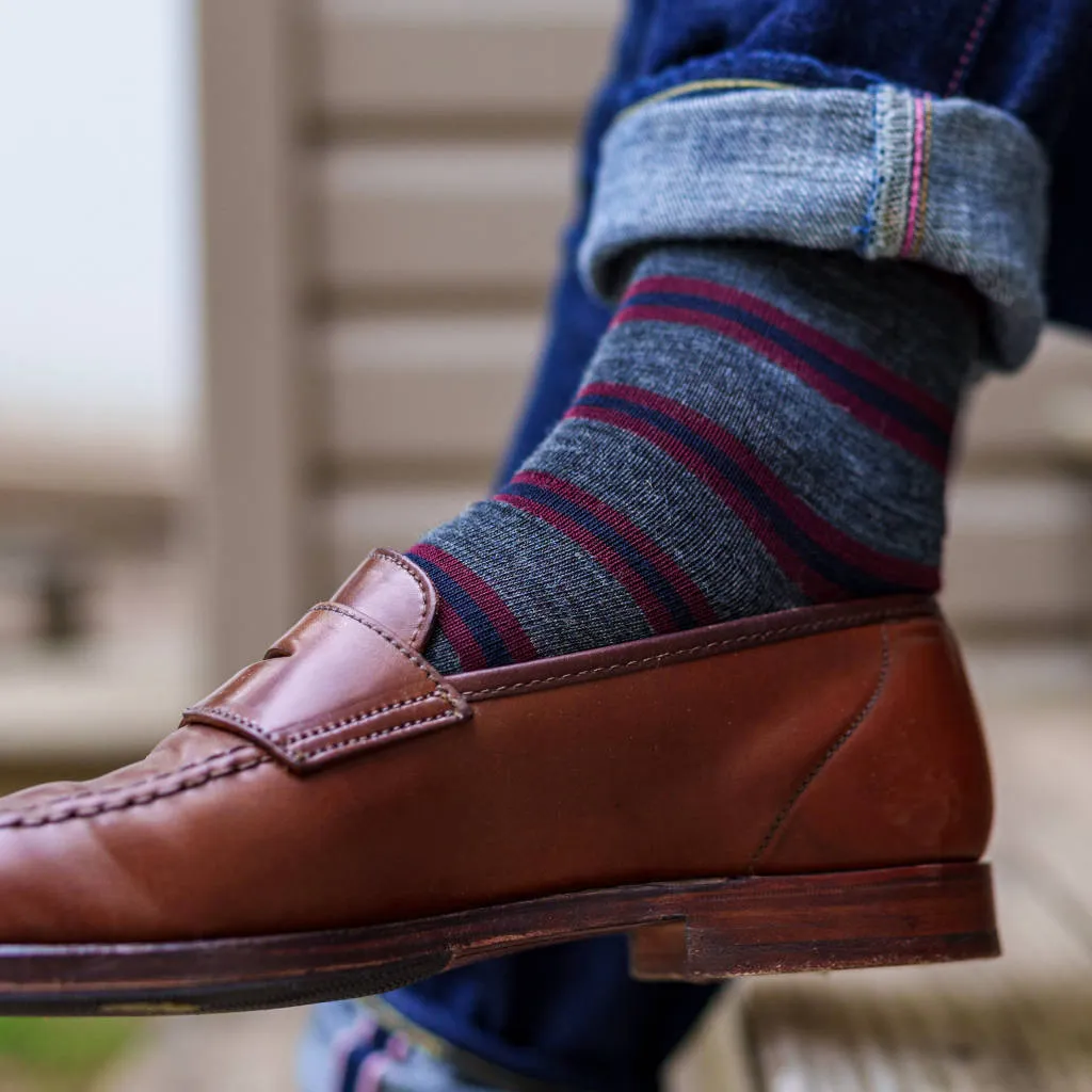 Burgundy and Navy Stripes on Grey Merino Wool Mid-Calf Dress Socks sold by Boardroom Socks product image thumbnail 3