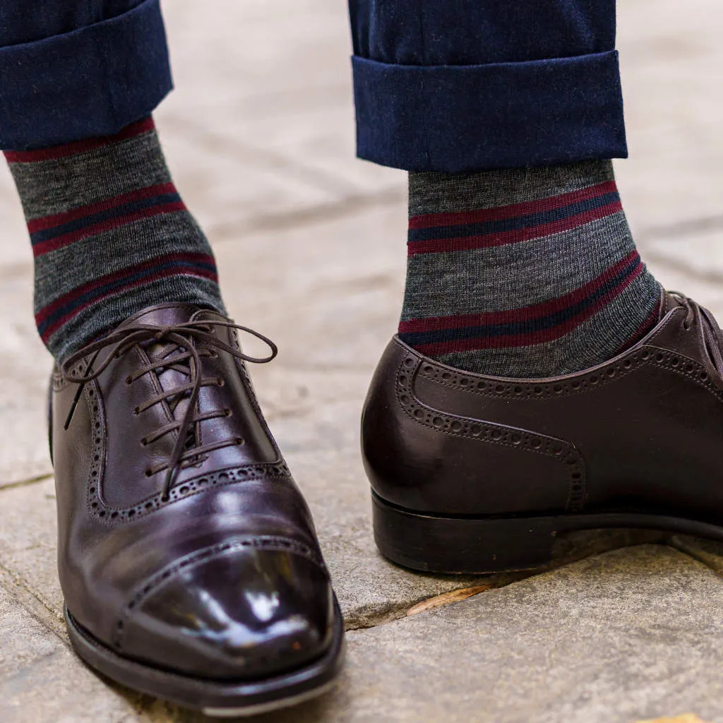 Burgundy and Navy Stripes on Grey Merino Wool Mid-Calf Dress Socks sold by Boardroom Socks product image thumbnail 4