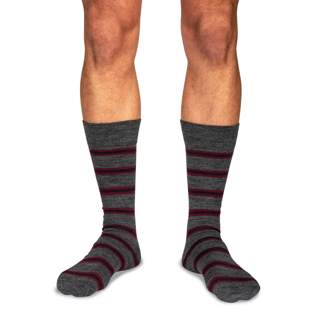 Burgundy and Navy Stripes on Grey Merino Wool Mid-Calf Dress Socks sold by Boardroom Socks
