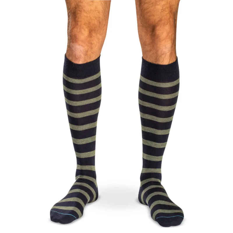 Olive Stripes on Navy Merino Wool Over the Calf Dress Socks sold by Boardroom Socks