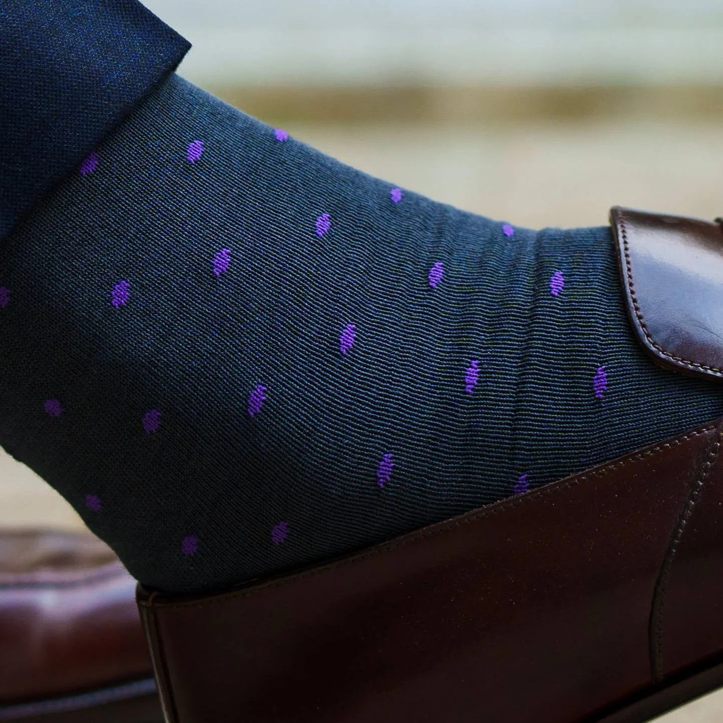 Purple Dots on Grey Cotton Mid-Calf Dress Socks sold by Boardroom Socks product image thumbnail 2