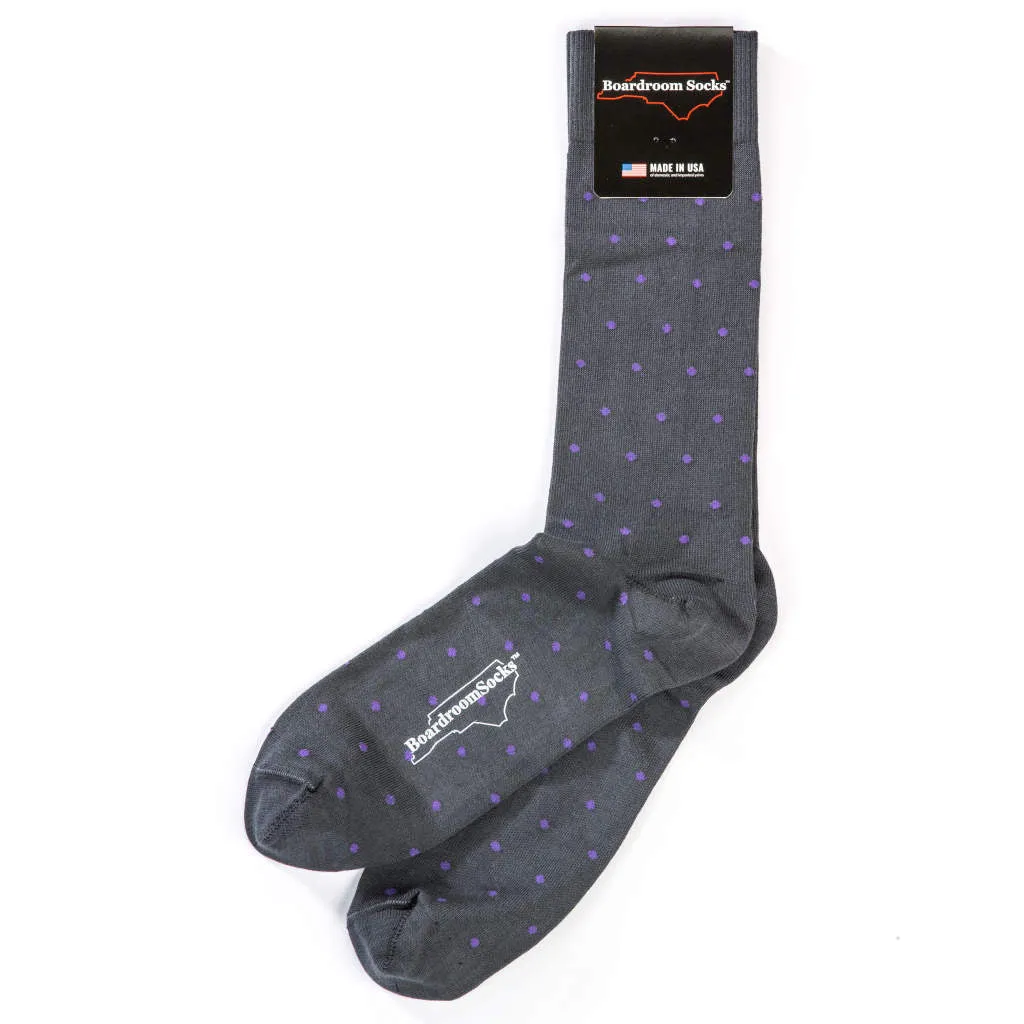 Purple Dots on Grey Cotton Mid-Calf Dress Socks sold by Boardroom Socks product image thumbnail 3