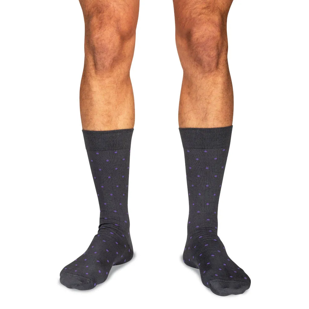 Purple Dots on Grey Cotton Mid-Calf Dress Socks sold by Boardroom Socks