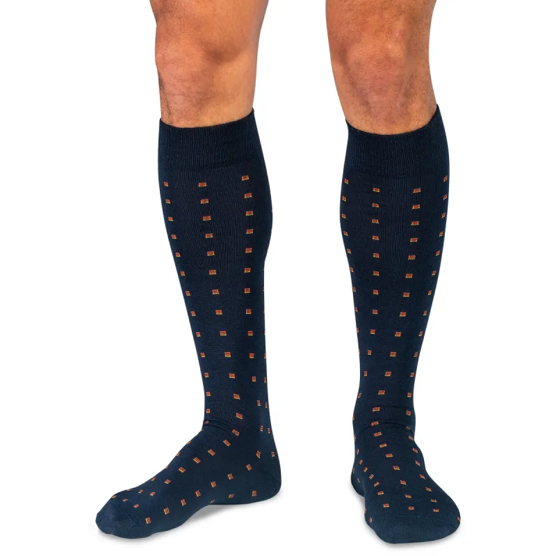 Orange Square Knots on Navy Merino Wool Over the Calf Dress Socks sold by Boardroom Socks