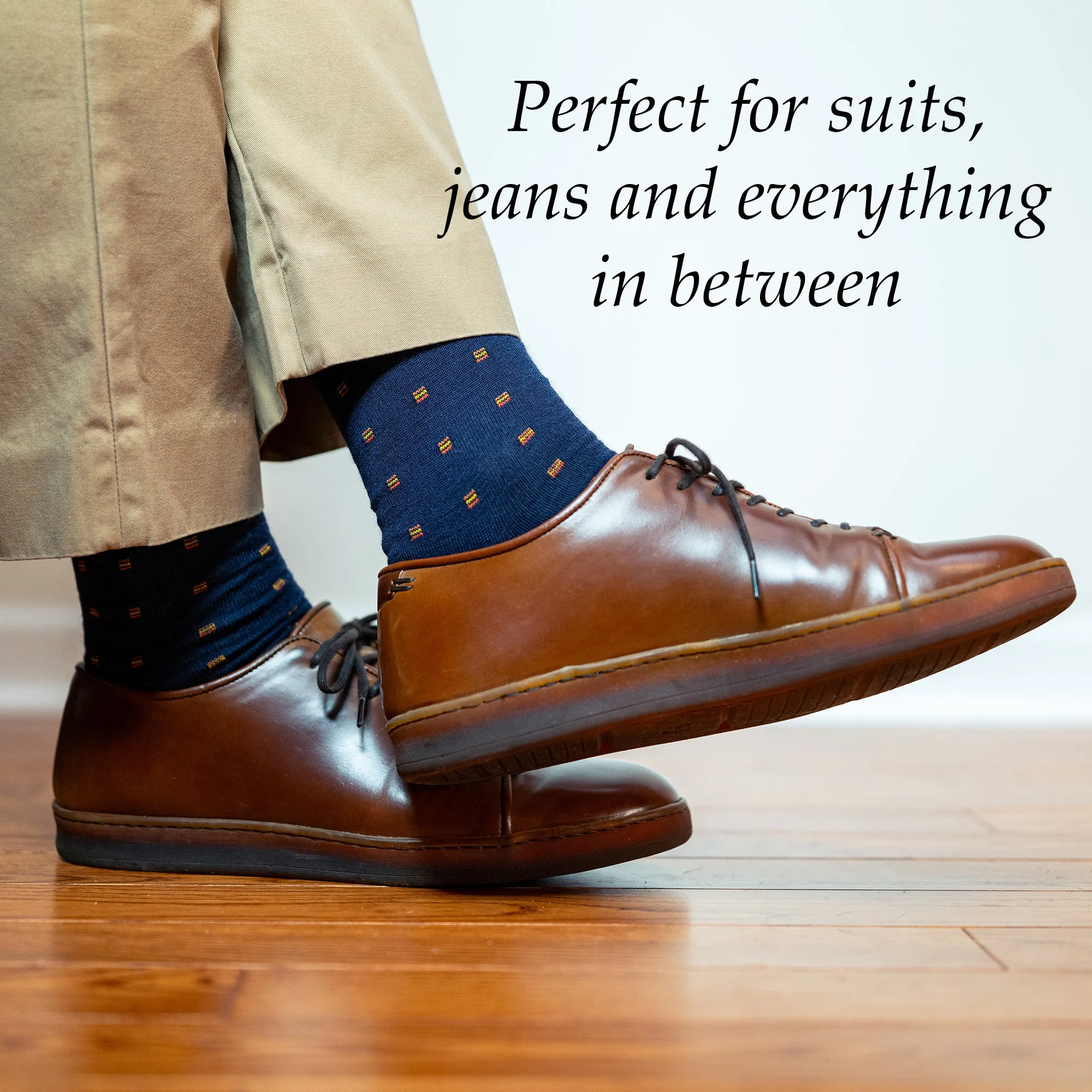 Orange Square Knots on Navy Merino Wool Over the Calf Dress Socks sold by Boardroom Socks product image thumbnail 4