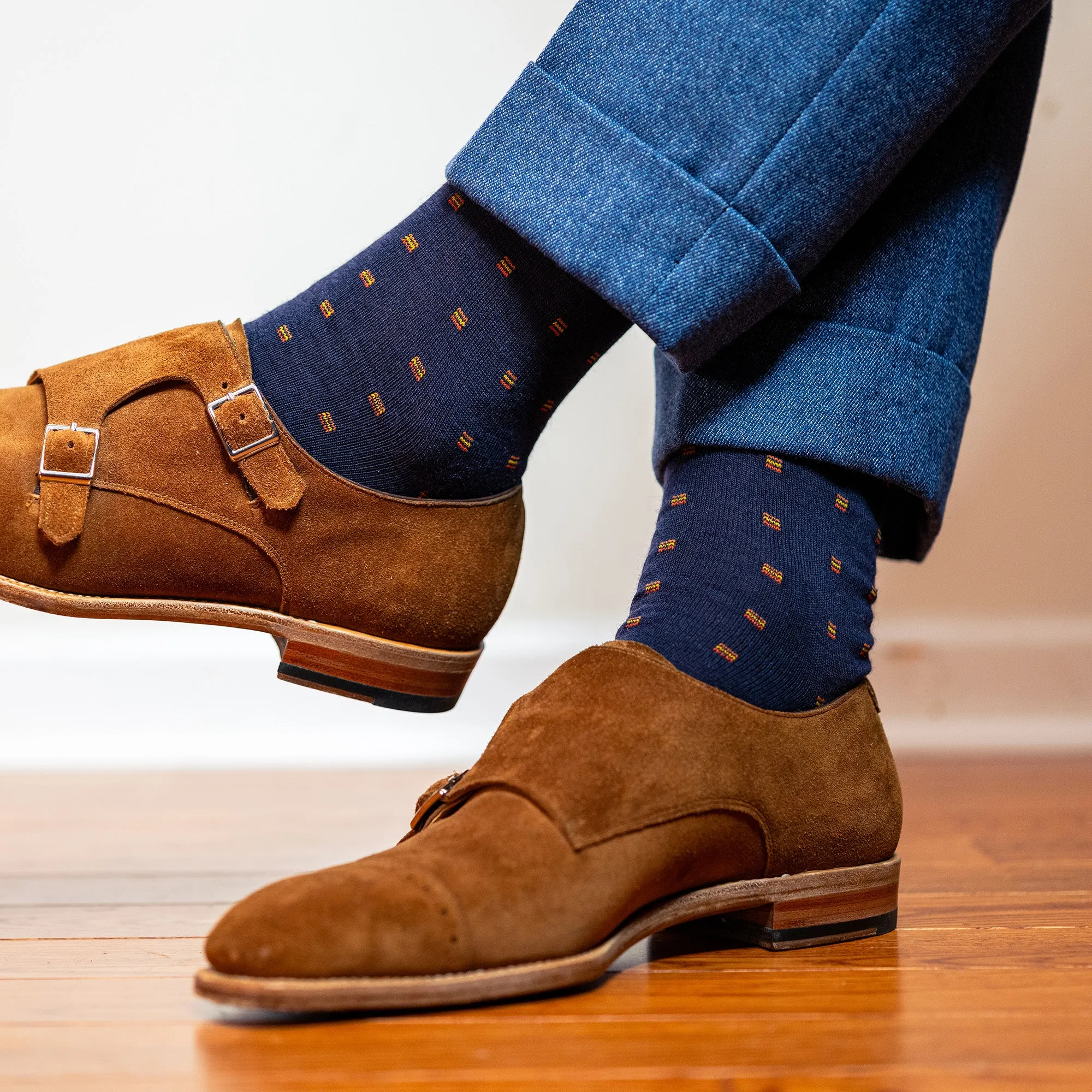Orange Square Knots on Navy Merino Wool Over the Calf Dress Socks sold by Boardroom Socks product image thumbnail 2