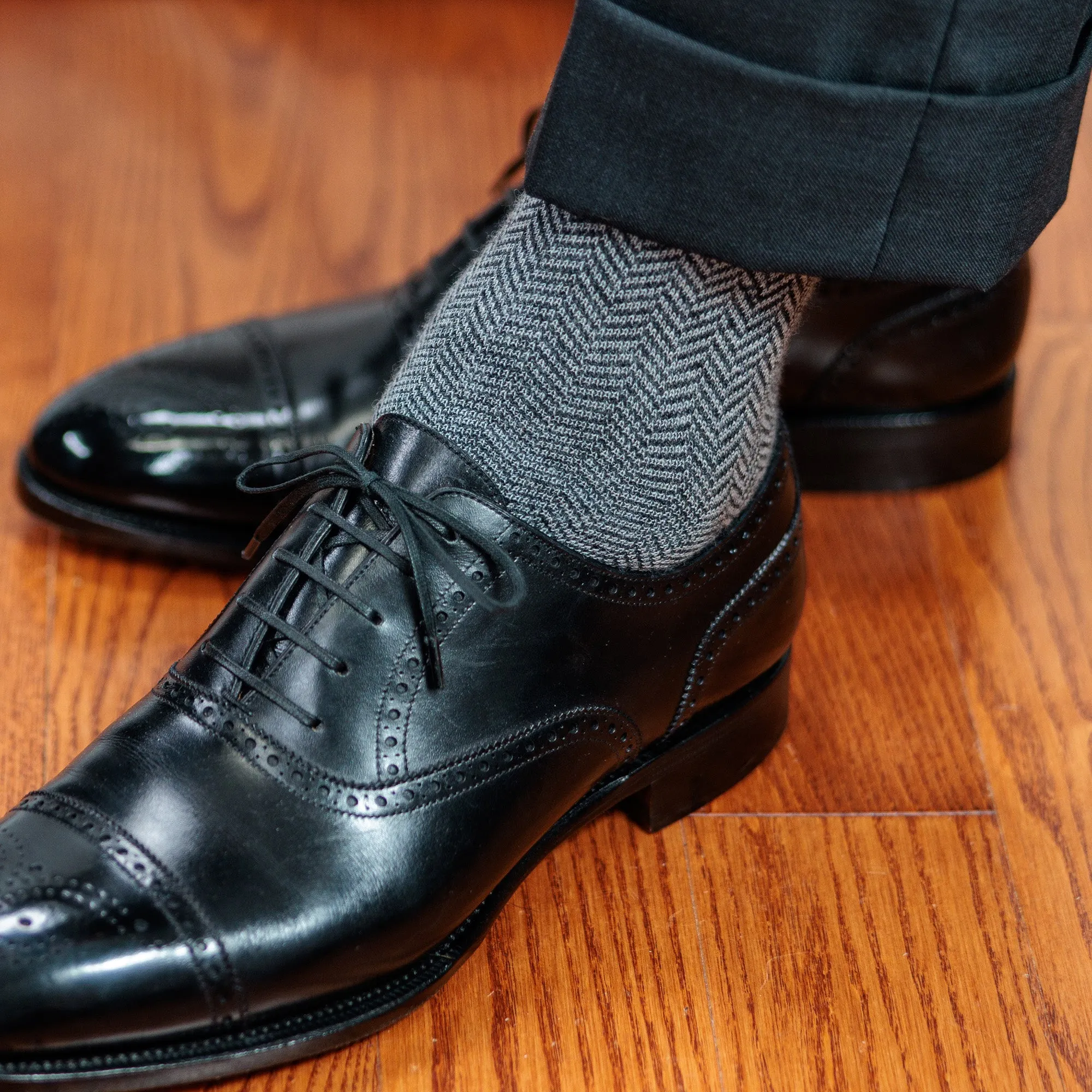 Charcoal and Light Grey Herringbone Merino Wool Mid-Calf Dress Socks sold by Boardroom Socks product image thumbnail 5