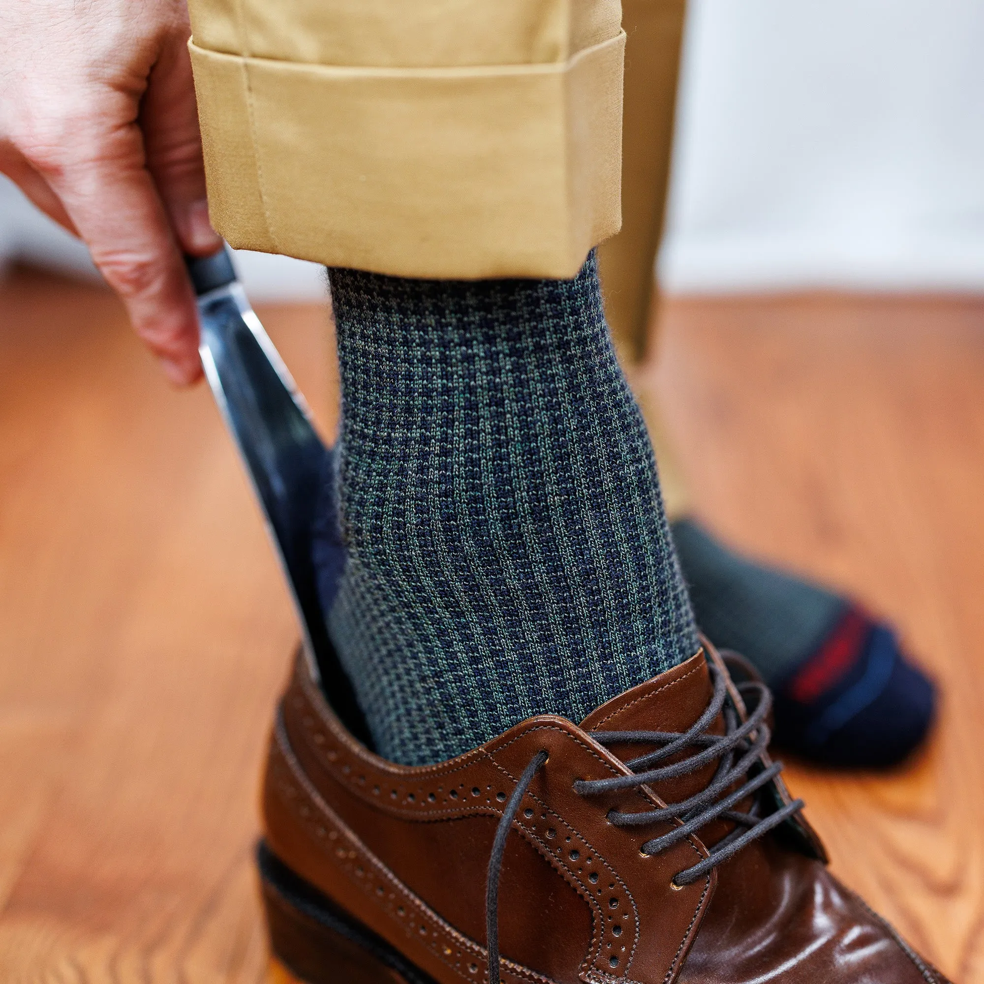 Olive and Navy Houndstooth Merino Wool Mid-Calf Dress Socks sold by Boardroom Socks product image thumbnail 2