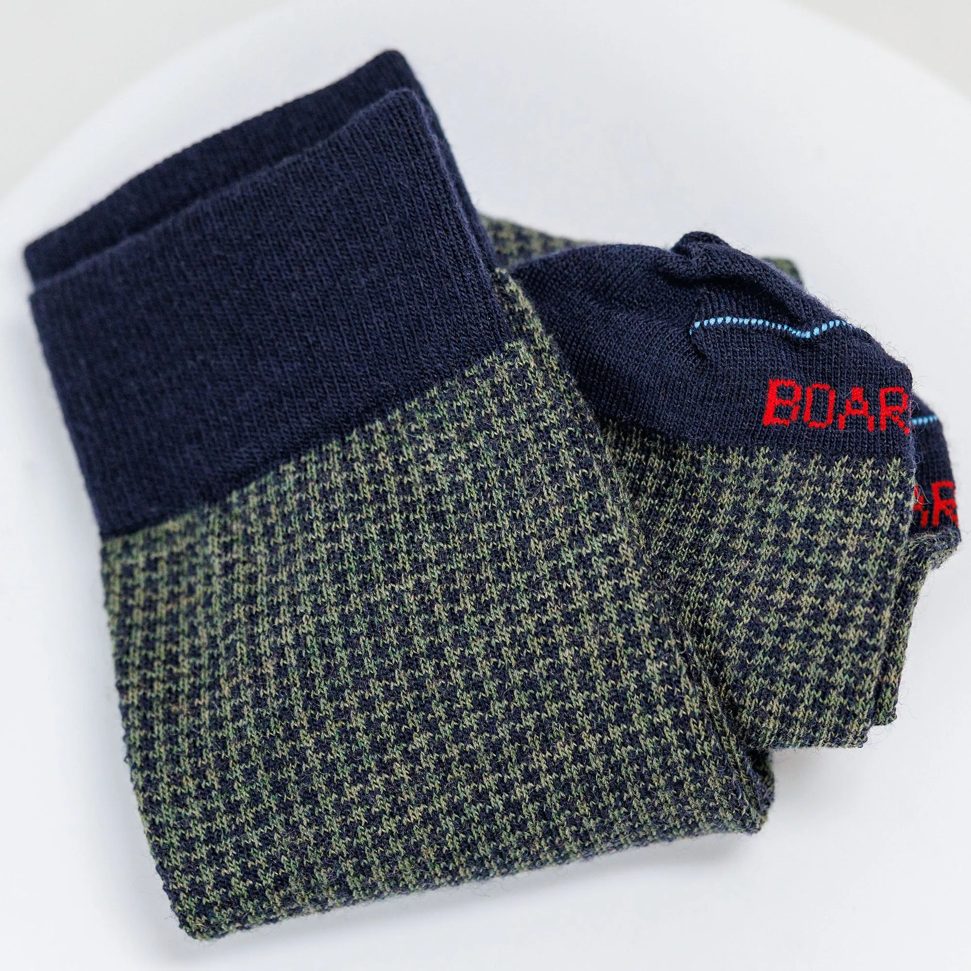 Olive and Navy Houndstooth Merino Wool Mid-Calf Dress Socks sold by Boardroom Socks