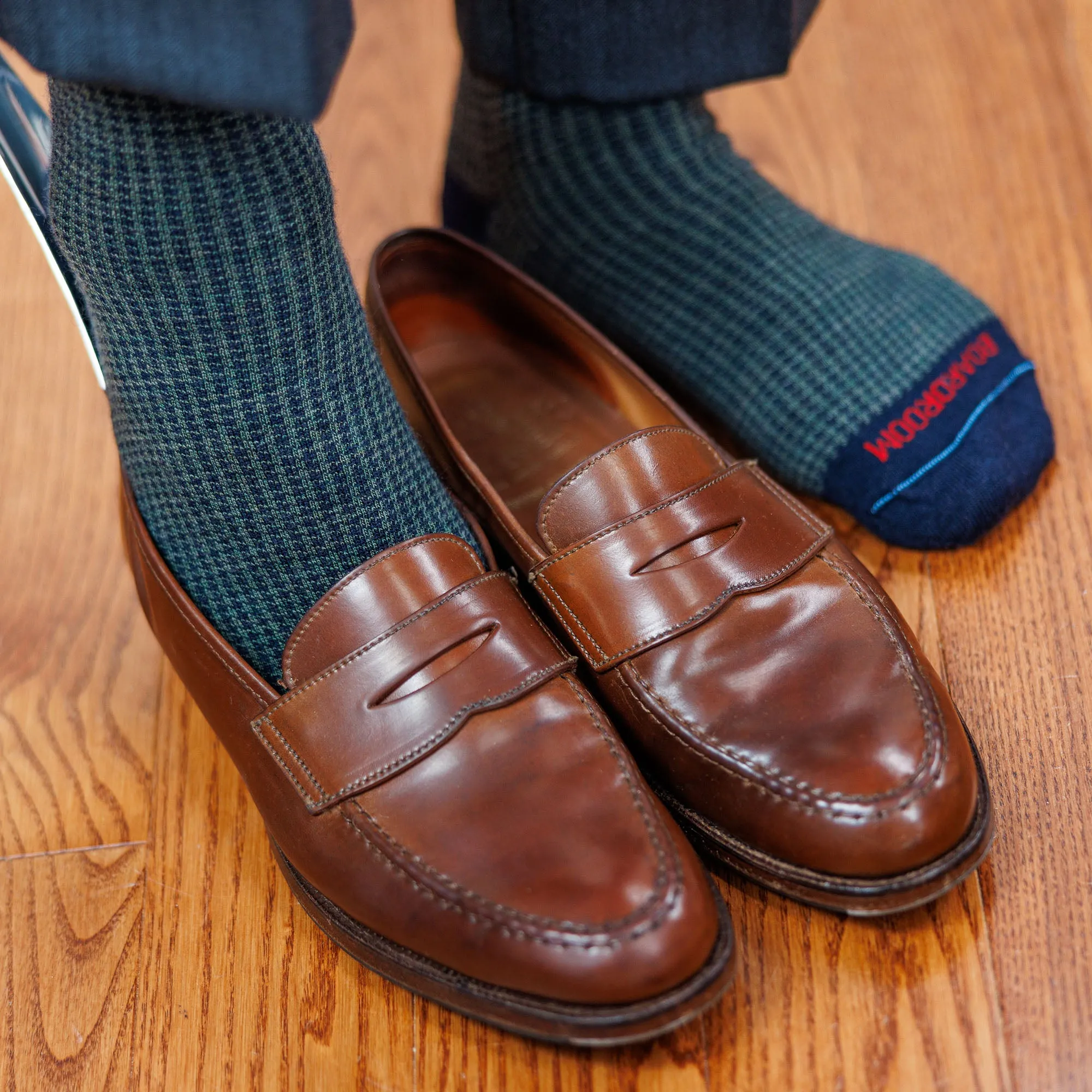 Olive and Navy Houndstooth Merino Wool Over the Calf Dress Socks sold by Boardroom Socks product image thumbnail 2