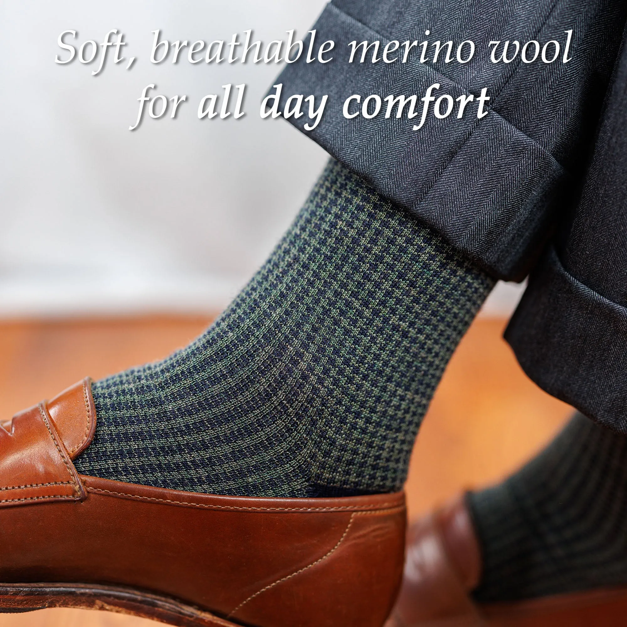 Olive and Navy Houndstooth Merino Wool Over the Calf Dress Socks sold by Boardroom Socks product image thumbnail 4