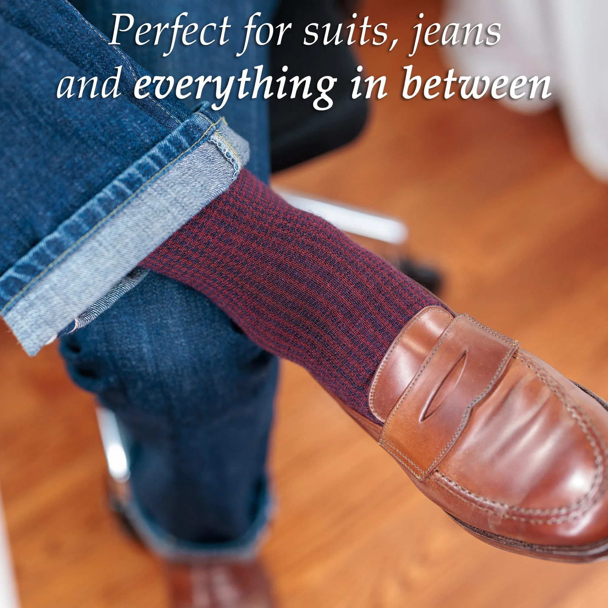 Burgundy and Navy Houndstooth Merino Wool Over the Calf Dress Socks sold by Boardroom Socks product image thumbnail 5