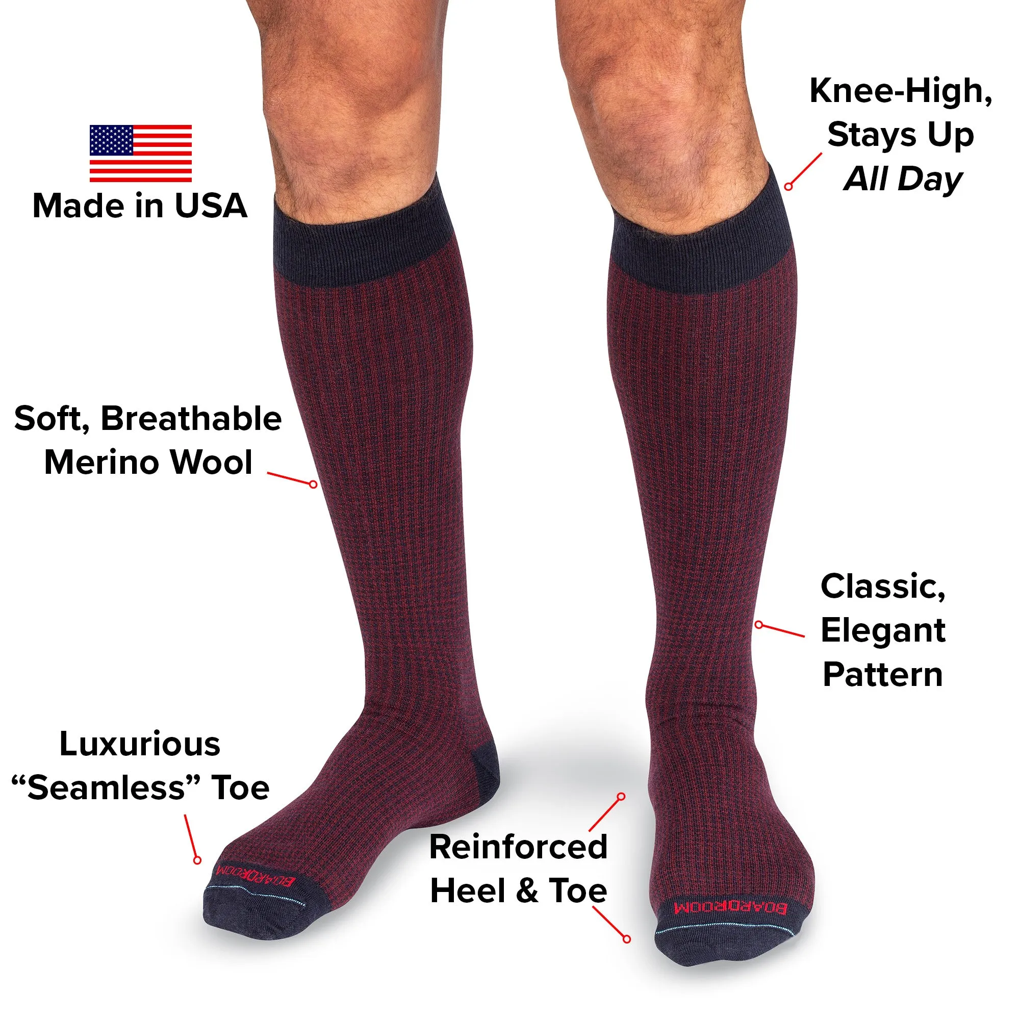 Burgundy and Navy Houndstooth Merino Wool Over the Calf Dress Socks sold by Boardroom Socks product image thumbnail 3