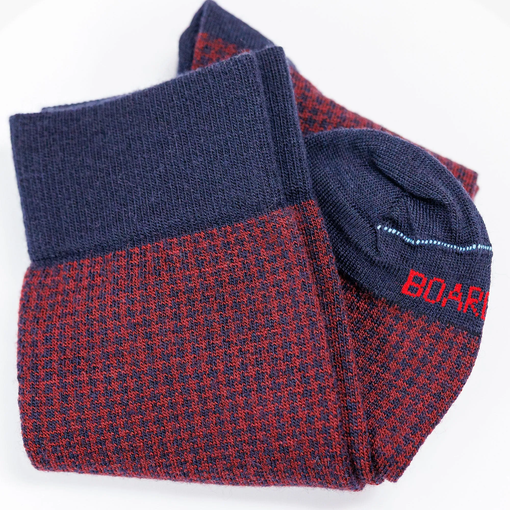 Burgundy and Navy Houndstooth Merino Wool Over the Calf Dress Socks sold by Boardroom Socks