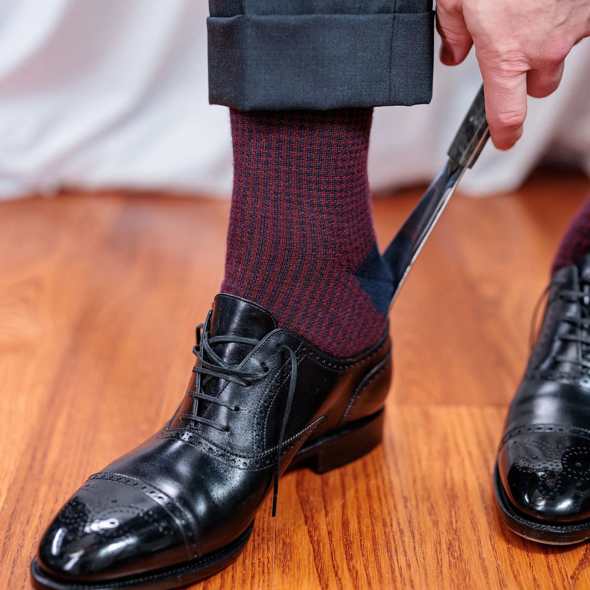 Burgundy and Navy Houndstooth Merino Wool Over the Calf Dress Socks sold by Boardroom Socks product image thumbnail 2