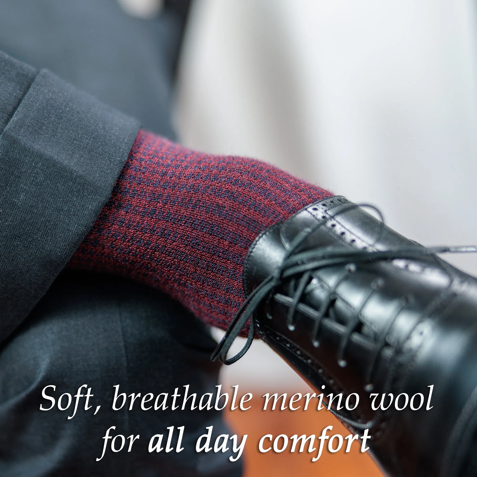 Burgundy and Navy Houndstooth Merino Wool Over the Calf Dress Socks sold by Boardroom Socks product image thumbnail 4