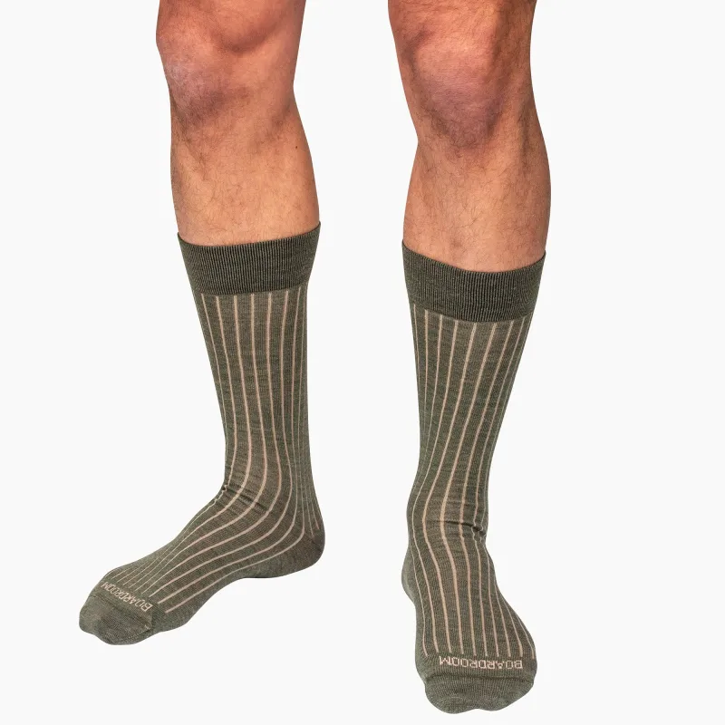 Olive and Tan Shadow Stripe Merino Wool Mid-Calf Dress Socks sold by Boardroom Socks