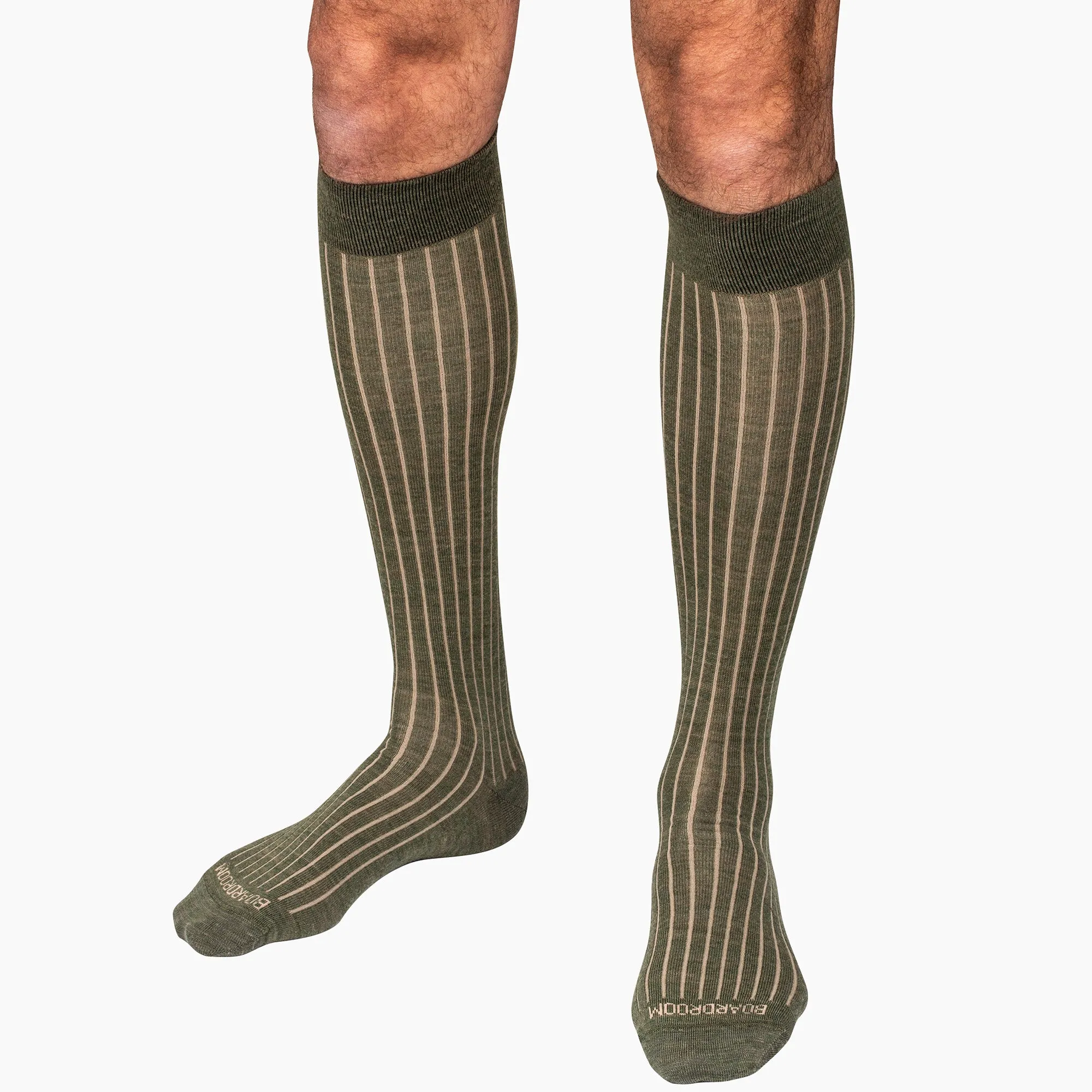 Olive and Tan Shadow Stripe Merino Wool Over the Calf Dress Socks sold by Boardroom Socks